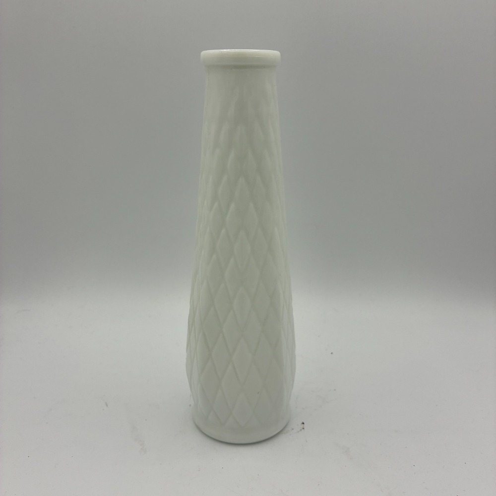Vintage E.O. Brody Co Milk Glass Bud Vase Quilted Diamond 9in Mid Century USA